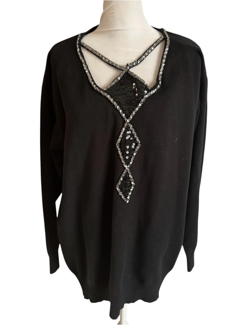 Bob Mackie Black sweater with Gold Script rhinestone collar size XL